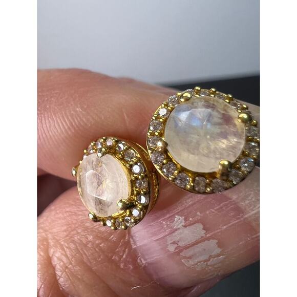 Rainbow moonstone halo stud gold over silver earrings - Picture 11 of 11
